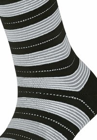 Black and gray striped sock with horizontal lines in varying widths, featuring a smooth texture and soft finish.