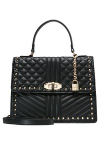 Svart quiltad handväska med guldfärgade nitar, kedjedetalj och lås. Har ett handtag på toppen och en avtagbar axelrem för mångsidighet.