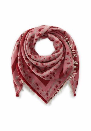 Pink and red square scarf with a leopard print pattern, frayed edges, and layered folds, displayed on a white background.