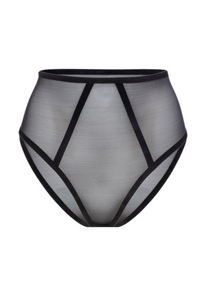 Culotte noire taille haute avec panneaux gris transparents et accents élastiques noirs, présentant un design géométrique et une texture lisse.