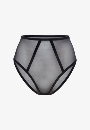 Sort hofteholderundertøj med højtaljet design, gennemsigtige grå paneler og sorte elastiske detaljer, med et geometrisk mønster og glat tekstur.