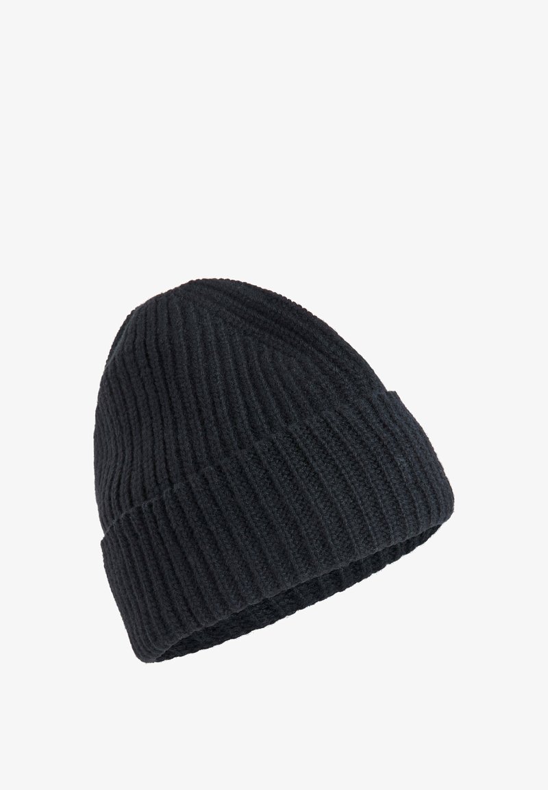 Czarna dzianinowa czapka z prążkowaną fakturą, z podwijanym mankietem i miękkim materiałem, zaprojektowana z myślą o ciepłe i komforcie.