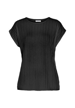 Black pleated top with a round neckline and short sleeves, made from a soft fabric that creates a textured, flowing silhouette.