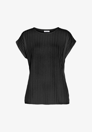 Black pleated top with a round neckline and short sleeves, made from a soft fabric that creates a textured, flowing silhouette.