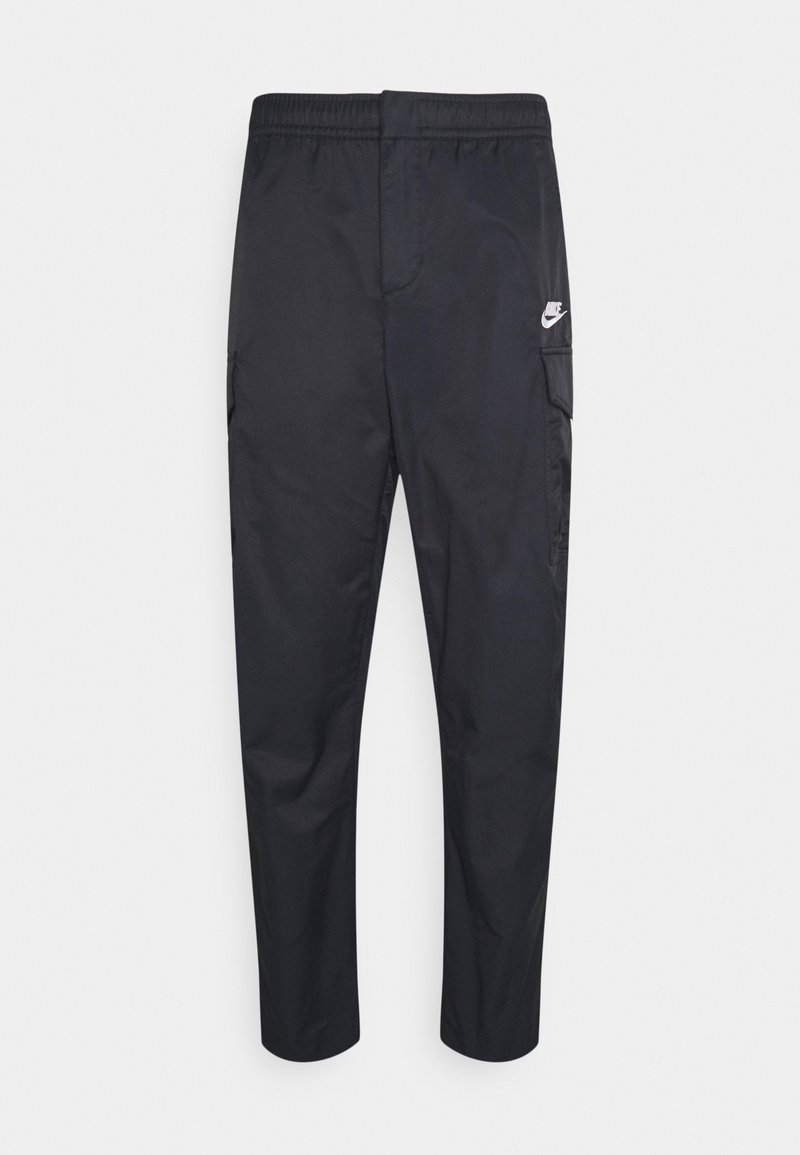 Black Nike cargo pants with an elastic waistband, side pockets, and logo accent. Made from lightweight, smooth fabric with a tapered fit.