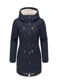 Granatowa parka z podszewką z futra syntetycznego, kapturem ze sznurkiem ściągającym, dwoma przednimi kieszeniami i metalowymi zatrzaskami. Posiada brązowe akcenty ze sk�óry.