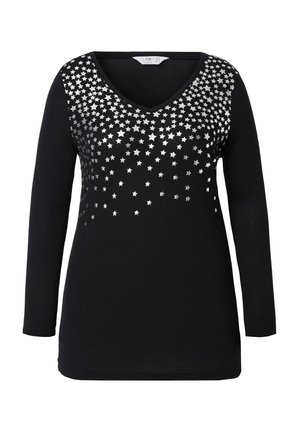 Black long-sleeved shirt with a V-neck, featuring a gradient design of silver stars on the upper front. Made from soft, stretchy fabric.