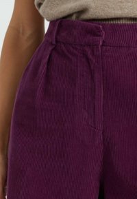 Paarse corduroy broek met een geplooid ontwerp, hoge taille en subtiele verticale lijnen. Soepele textuur met een veilige tailleband.