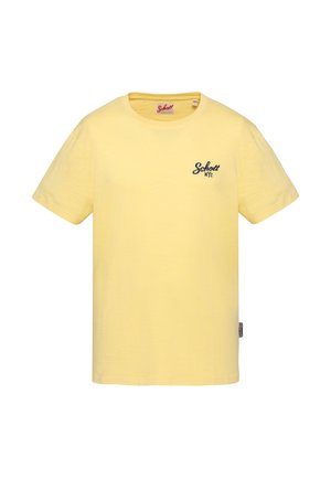 Gele T-shirt met korte mouwen en ronde hals met het logo "Schott NYC" op de linkerborst en een klein merkje op de zijnnaad.