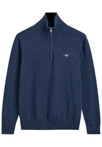 Dunkelblaues Pullover-Sweatshirt mit hohem Kragen und Viertelreißverschluss, aus strukturiertem Stoff; verfügt über ein kleines gesticktes Logo auf der Brust.
