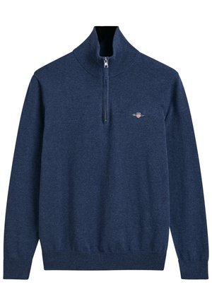 Navy blue pullover sweatshirt with a high collar and quarter zip, made of textured fabric; features a small embroidered logo on the chest.