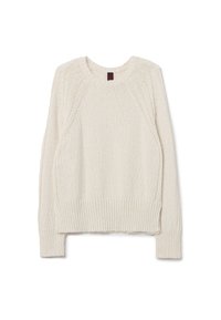 Cremefarbener Strickpullover mit geripptem Saum und Bündchen. Hat eine strukturierte, flauschige Oberfläche mit RaglanÄrmeln und Rundhalsausschnitt.