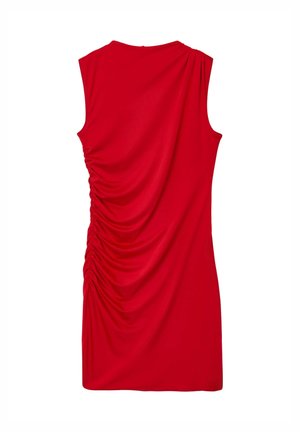 Rotes ärmelloses Kleid mit gerafftem Design auf der Rückseite, aus glattem, leichtem Stoff mit figurnaher Passform.