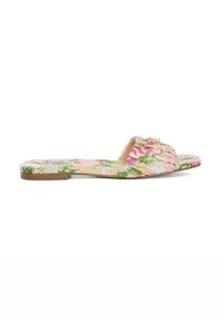 Floral slide sandal with a pink, green, and gold fabric upper. Smooth, cushioned footbed and a flat, flexible sole. No visible hardware.