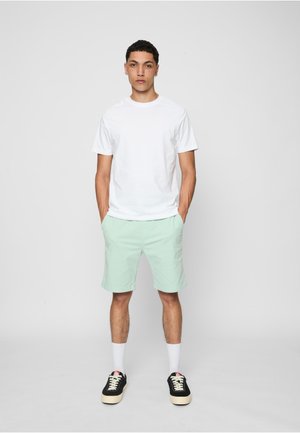 Tânăr cu părul scurt și creț, îmbrăcat cu un tricou alb, pantaloni scurți verzi deschis, șosete albe și adidași negri, stând cu mâinile în buzunare.