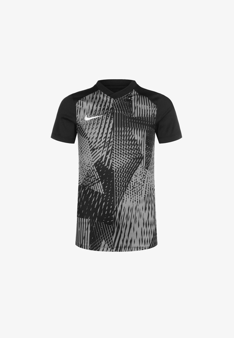 T-shirt de sport noir et gris à manches courtes avec des motifs géométriques dynamiques, un col en V, et le logo Nike sur le côté gauche de la poitrine.