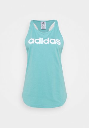 Débardeur sans manches Adidas bleu clair avec logo blanc sur la poitrine et dos nageur sur fond uni.