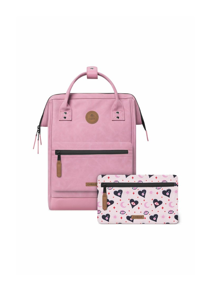 Pink faux leather backpack with top handle, front zip pocket; includes a patterned pink pouch with hearts, eyes, and crescent moons.