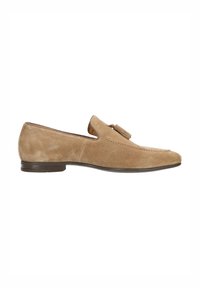 Lichte suède loafers met een gladde textuur, een flexibele zool en een decoratieve franjeraccent aan de voorkant. Eenvoudig, gestroomlijnd ontwerp.