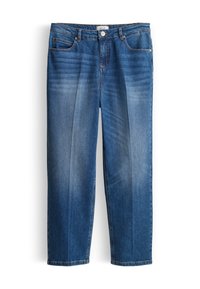 Jean bleu droit avec des rayures verticales délavées, bouton et fermeture éclair à l'avant, passants de ceinture et poches avant sur fond blanc.