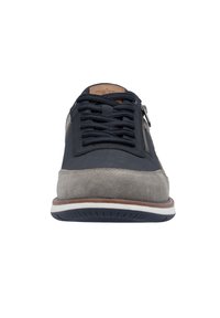 Navy blue and grey leather shoes with a textured finish, featuring a lace-up design, side zipper, and a contrast white midsole.