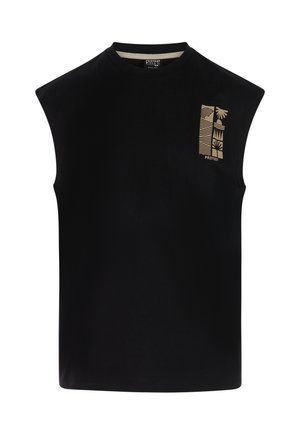 Black sleeveless T-shirt made of soft fabric, featuring a small gold graphic design on the upper left side. Round neckline, relaxed fit.