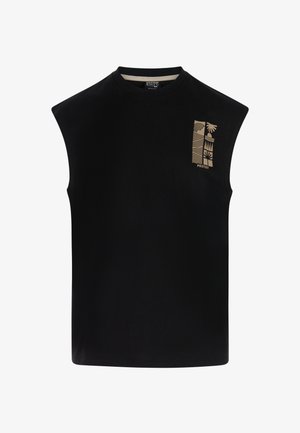 Black sleeveless T-shirt made of soft fabric, featuring a small gold graphic design on the upper left side. Round neckline, relaxed fit.