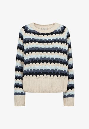 Gebreide trui met horizontale strepen in lichtblauw, donkerblauw, crème en zwart. Ronde halslijn met geribbelde manchetten en zoom.