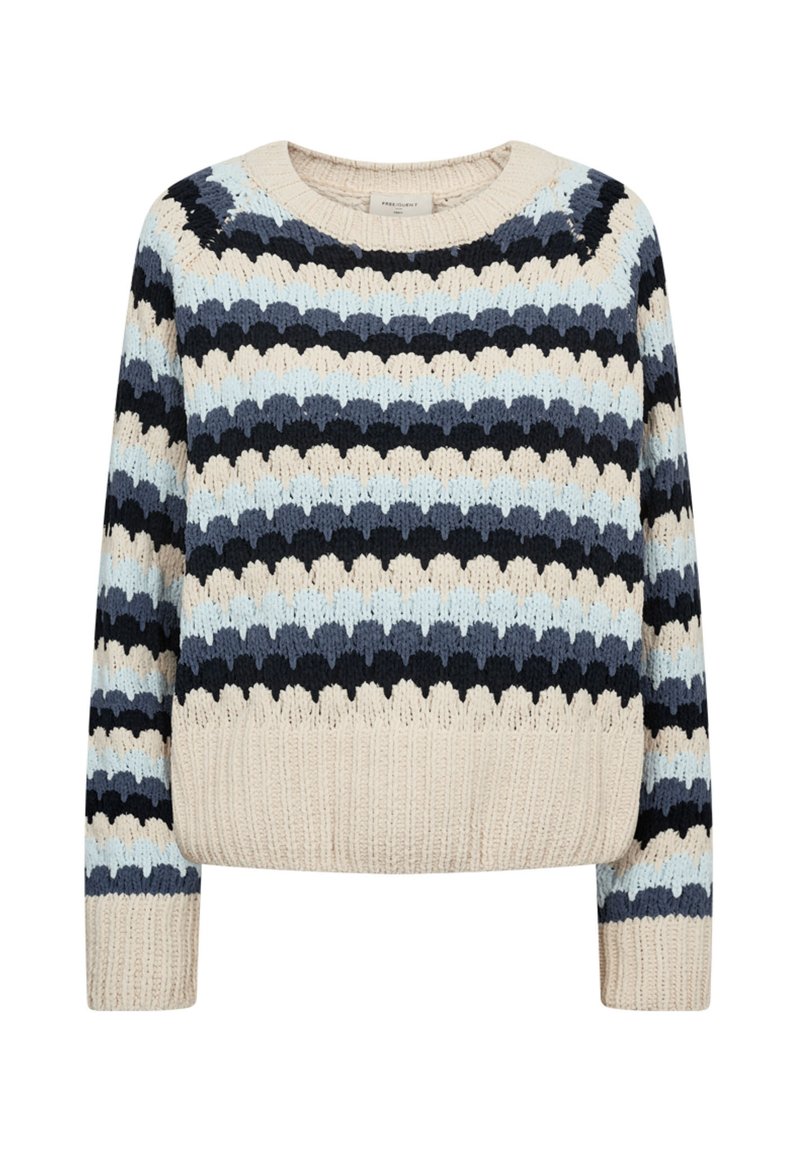 Gebreide trui met horizontale strepen in lichtblauw, donkerblauw, crème en zwart. Ronde halslijn met geribbelde manchetten en zoom.