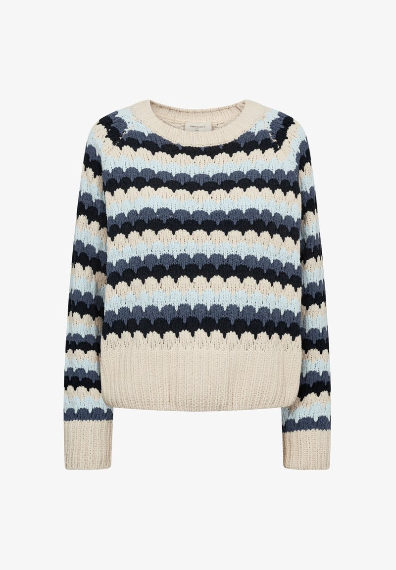 Gebreide trui met horizontale strepen in lichtblauw, donkerblauw, crème en zwart. Ronde halslijn met geribbelde manchetten en zoom.