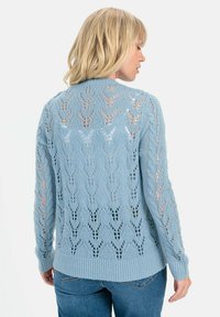 Hellblauer, gestrickter Pullover mit einem Spitzenmuster und Lochdetails, langen Ärmeln und einem gerippten Saum.