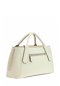 Sac à main en cuir crème avec un design structuré, deux poignées supérieures, et une poche zippée à l'avant. Présente des accents noirs le long des bords.