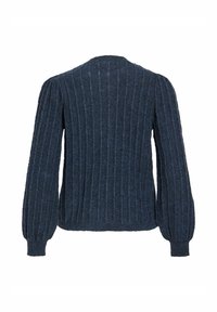 Suéter azul marino acanalado con mangas largas y abullonadas y escote redondeado, confeccionado con tejido de punto texturizado para mayor calidez.