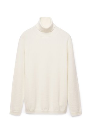 Kremowy sweter z kołnierzem typu golf, wykonany z miękkiej dzianiny. Posiada długie rękawy i prążkowany kołnierz. Prosty, nieozdobiony design.