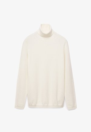 Krämfärgad polotröja, tillverkad av ett mjukt stickat tyg. Har långa ärmar och en ribbad krage. Enkel, odekorerad design.