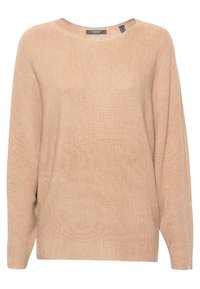 Lichtbeige gebreide trui met een ronde hals, lange mouwen en een gestructureerd patroon. Label zichtbaar in de nek; ontspannen pasvorm.