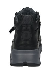 Schwarzer Sportschuh mit Obermaterial aus strukturiertem Leder, sechseckigem Logodetail und gepolsterter Kragen. Verfügt über eine graue, gepolsterte Außensohle für Unterstützung.