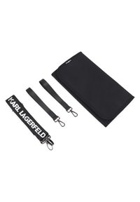 Etui negru din nailon cu textură netedă, include trei curele: două negre simple și una cu inscripția „KARL LAGERFELD” în litere albe.