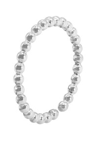 Anello in argento con perline che presenta un motivo continuo di sfere lucide, uniformemente distanziate, creando una superficie liscia e riflettente.