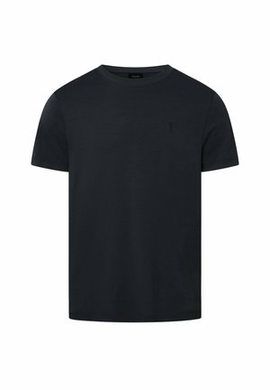 Camiseta negra lisa de manga corta con cuello redondo, con un pequeño logo tonal en el pecho izquierdo y un corte entallado.