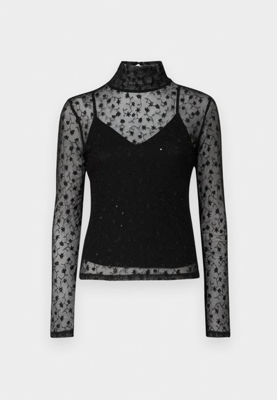 Schwarzes langärmliges Oberteil mit transparentem floralen Spitzenmuster, einem Stehkragen und einem enganliegenden Unterlayer. Mit gestickten Details versehen.