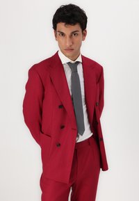 Costum roșu cu două rânduri de nasturi, cu rever cu tăietură, nasturi negri și pantaloni asortați. Asortat cu o cămașă albă și o cravată gri.