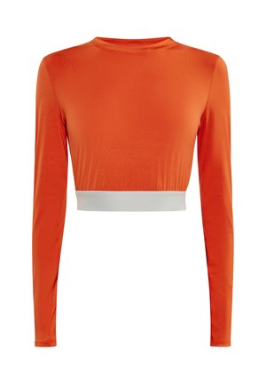 Langærmet cropped top i klar orange med en hvid kant forneden. Fremstillet af glat, let materiale. Enkel rund halsudskæring.