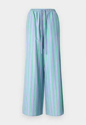 Lichte, loszittende broek in paars met groene verticale strepen. Voorzien van een elastische tailleband en een trekkoorddetail.