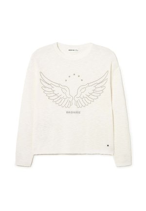 Jersey de manga larga color crema con diseño de alas tachonado y estrellas arriba, y la palabra "BROWNIE" debajo de las alas en la parte delantera.