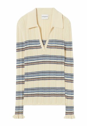 Jersey de punto color crema con diseño de cuello en V con solapa, rayas horizontales azules y marrones, y puños acampanados. Patrón acanalado texturizado.