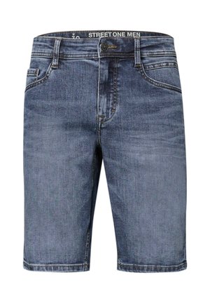 Herreblå denimshorts med forlommer, bæltestropper, knaplukning og diskrete falmede detaljer.