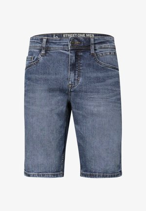 Pánské modré džínové kraťasy s předními kapsami, poutky na pásek, knoflíkovým zapínáním a jemným vybledlým efektem.