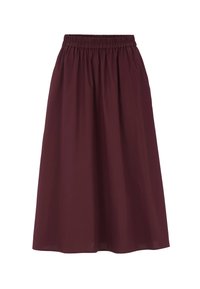 Bordeaux, knie-lange rok met een elastische tailleband. Glad textuur, vloeiend ontwerp, geen patronen of versieringen, geschikt voor casual draag.