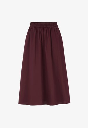 Burgundy knælang nederdel med elastisk talje. Glat tekstur, flydende design, ingen mønstre eller udsmykninger, velegnet til hverdag.